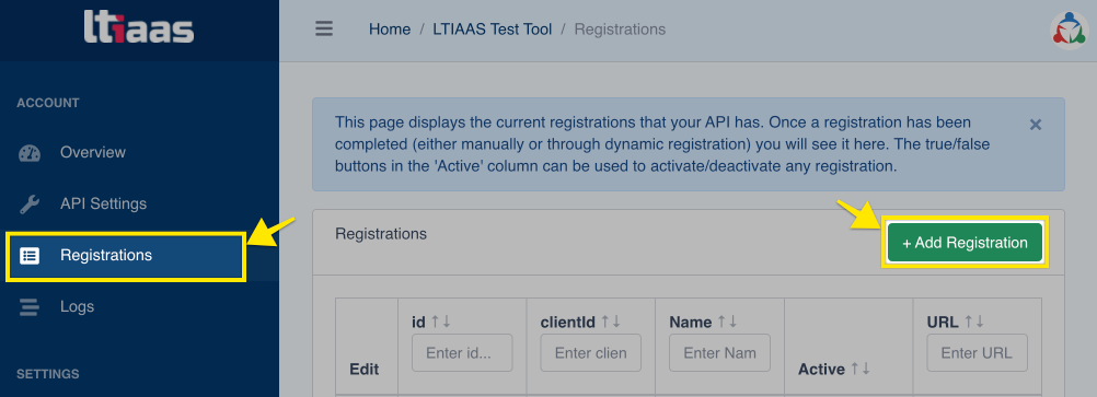 LTIAAS Portal registration page with "add registration" button highlighted