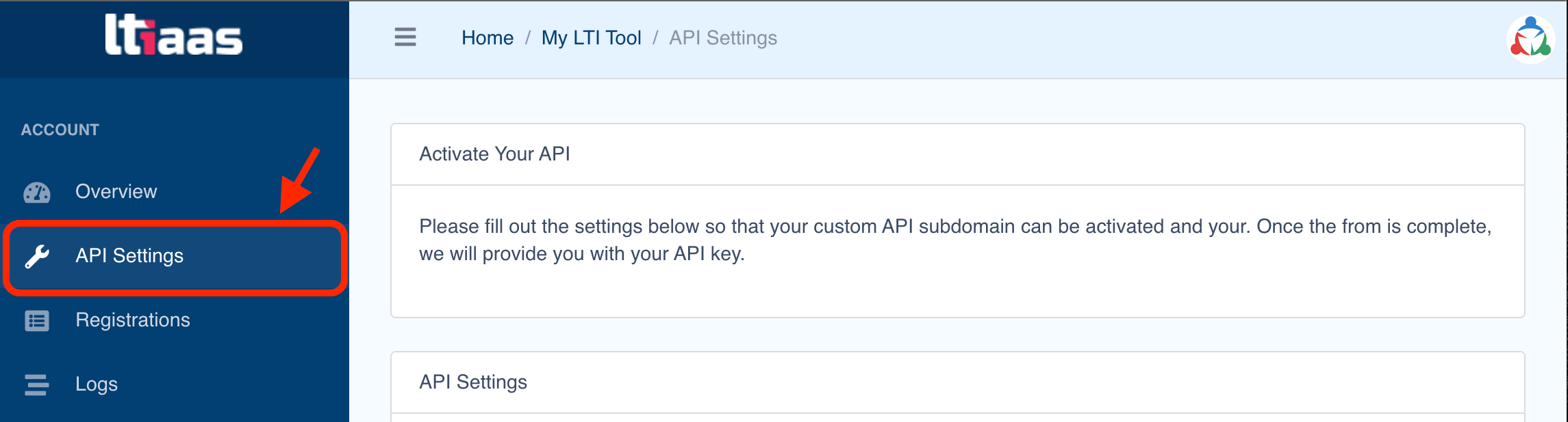 API settings link in LTIAAS portal sidebar