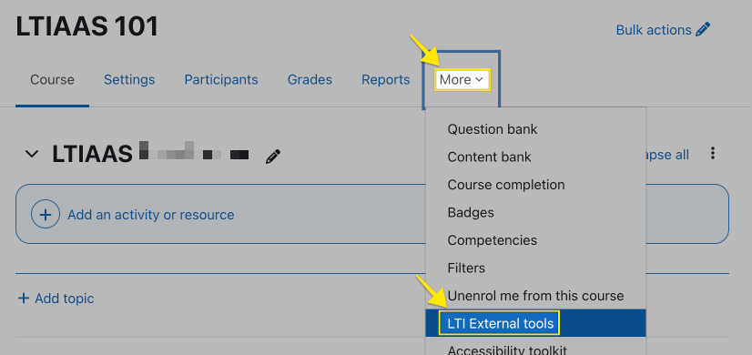 LTI External Tools menu item within a Moodle course