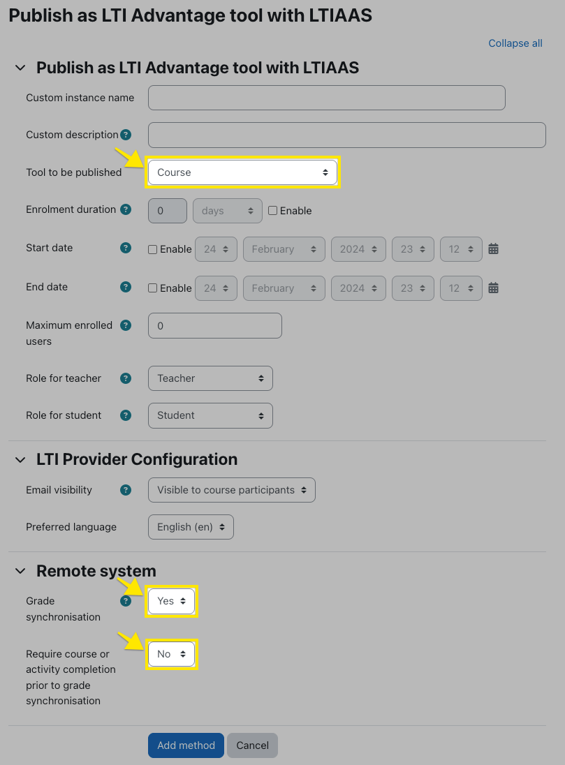 Publish LTI Advantage tool with LTIAAS settings with "Tool to be published" and grades settings highlighted