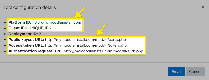 Moodle external tool details