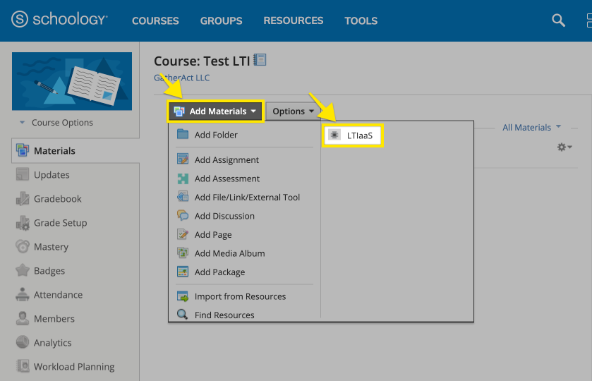 Schoology add materials within a course