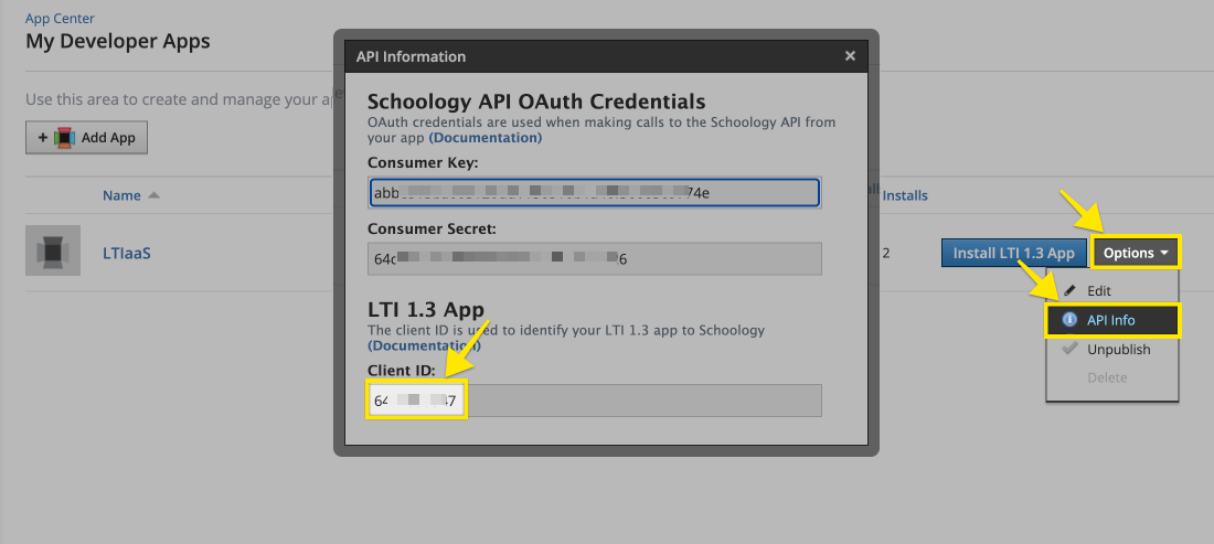 Schoology app client ID dialog
